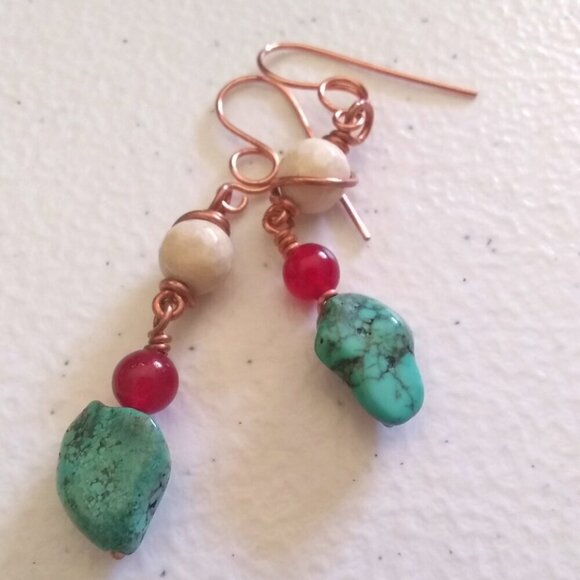 One-of-a-Kind! Beaded + Wire Wrapped Dangle Earrings! Turquoise Red Cream Copper - Picture 10 of 12